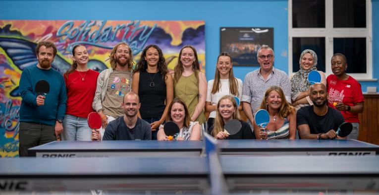 London Marathon Foundation group photo at a table tennis club