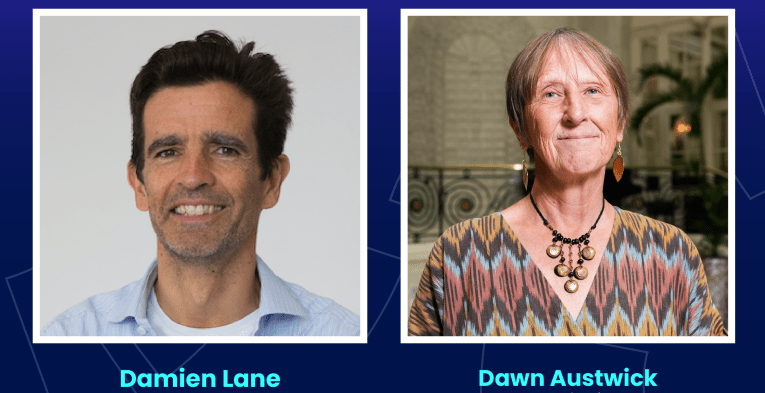 Headshots of Dawn Austwick, Chair of the London Marathon Foundation, and Damien Lane, Interim Chair of London Marathon Events