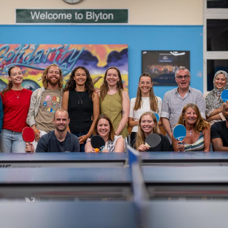 London Marathon Foundation group photo at a table tennis club